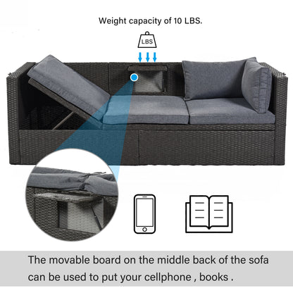 U_Style Outdoor Patio Rectangle Daybed with Retractable Canopy,  Wicker Furniture Sectional Seating with Washable Cushions, Backyard, Porch