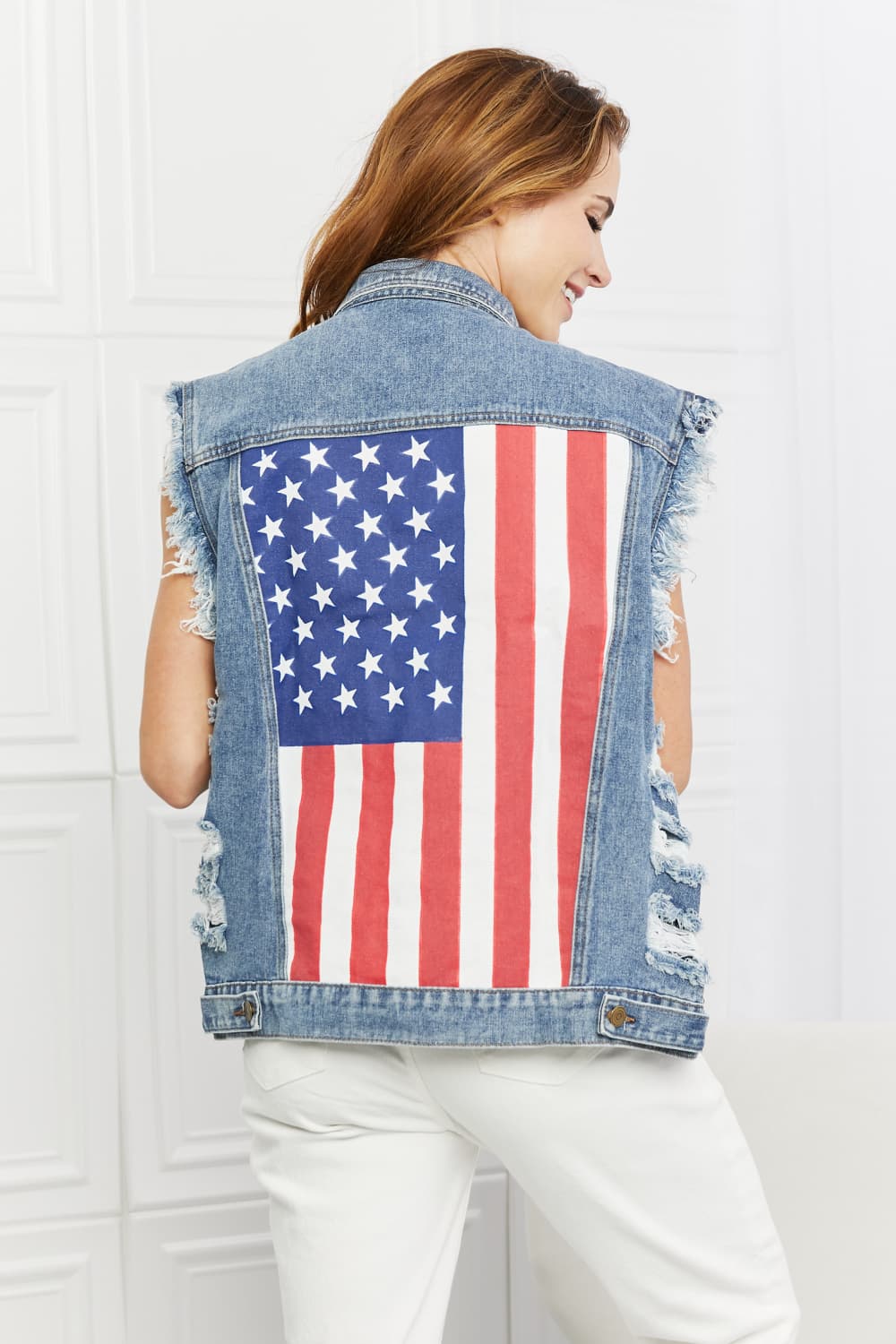 BiBi Red,White, and You Distressed Denim Vest