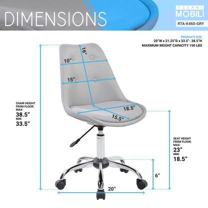 Techni Mobili Armless Task Chair with Buttons, Grey