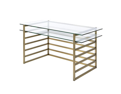 Slatted Design Metal Desk with Glass Shelf and Glass Top, Gold and Clear