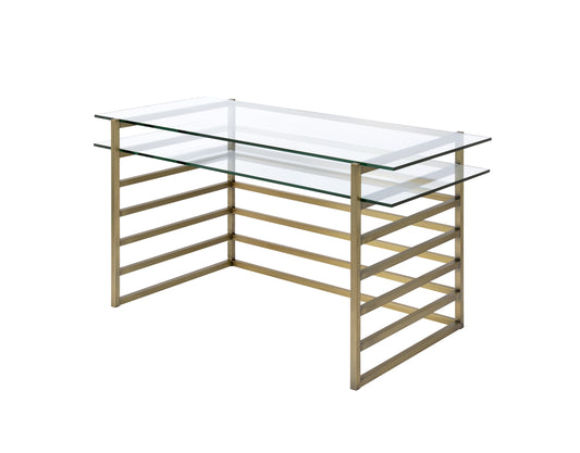 Slatted Design Metal Desk with Glass Shelf and Glass Top, Gold and Clear