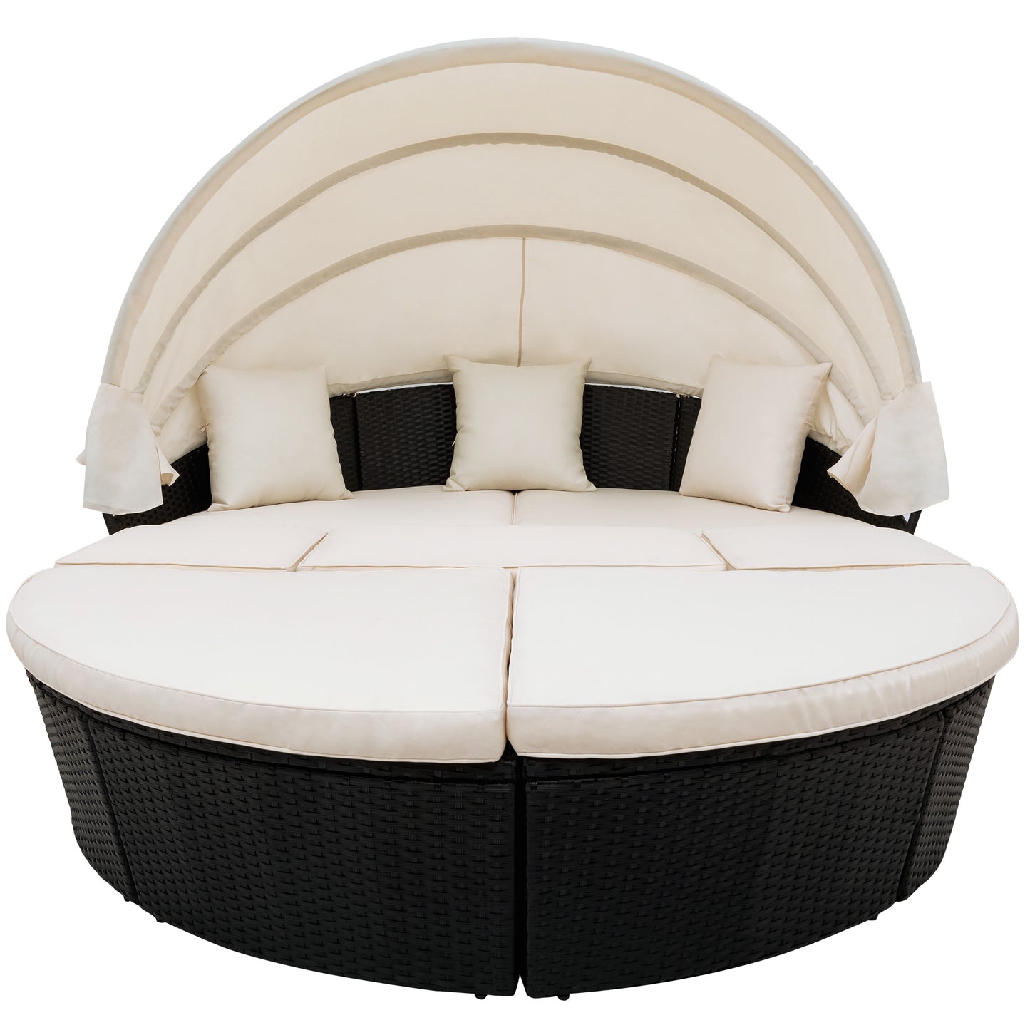 Outdoor rattan daybed sunbed with Retractable Canopy Wicker Furniture, Round Outdoor Sectional Sofa Set, black Wicker Furniture Clamshell  Seating with Washable Cushions, Backyard, Porch, Beige.