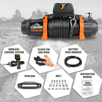 ZESUPER 12V 13500 lb Load Capacity Electric Winch Synthetic Rope Hook Winch Kit Waterproof IP66 Electric Winch with Hawse Fairlead and 2 in 1 Wired Handle and Wireless Remote