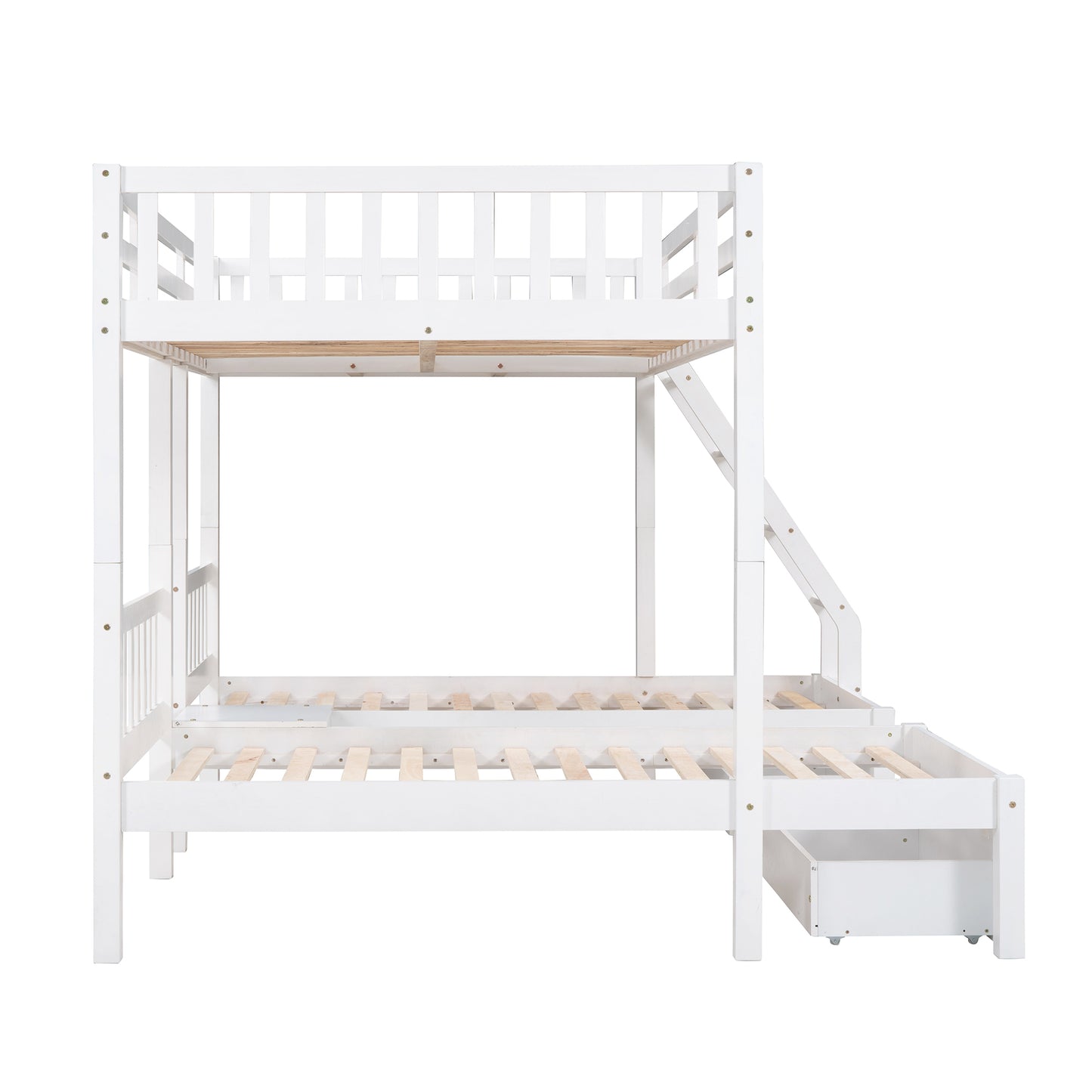 Full Over Twin & Twin Bunk Bed, Wood Triple Bunk Bed with Drawers and Guardrails  (White) （OLD SKU:LP000143AAK）