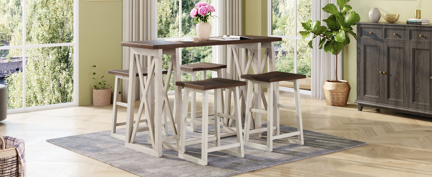 TOPMAX Rustic Counter Height 5-Piece Dining Set, Wood Console Table Set with 4 Stools for Small Places,Walnut+Cream