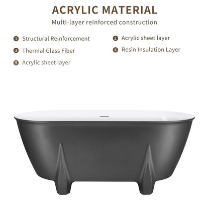59" 100% Acrylic Freestanding Bathtub，Contemporary Soaking Tub，white inside and gray outside，Four corner bathtub