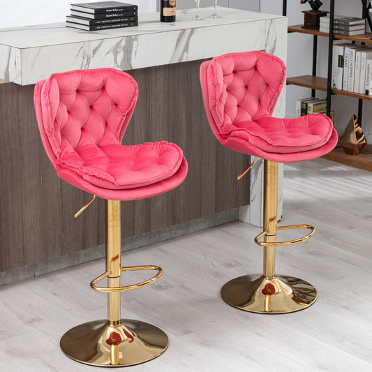 Set of 2  Bar Stools,with Chrome Footrest and Base Swivel Height Adjustable Mechanical Lifting Velvet + Golden Leg Simple Bar Stool-pink