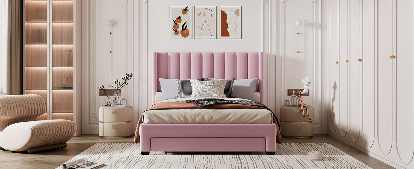 Queen Size Storage Bed Velvet Upholstered Platform Bed with a Big Drawer - Pink