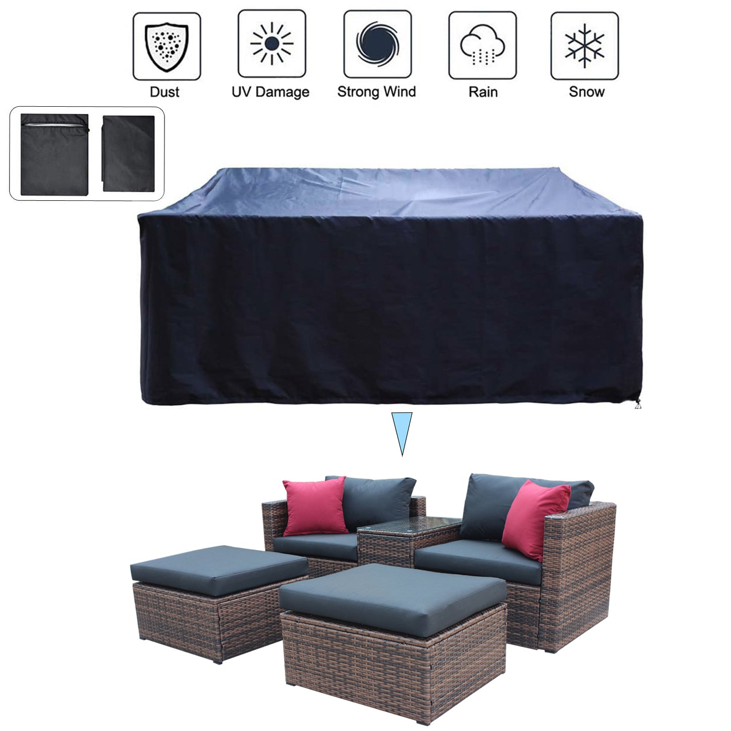 5 Pieces Outdoor Patio Garden Brown Wicker Sectional Conversation Sofa Set with Black Cushions and Red Pillows,w/ Furniture Protection Cover