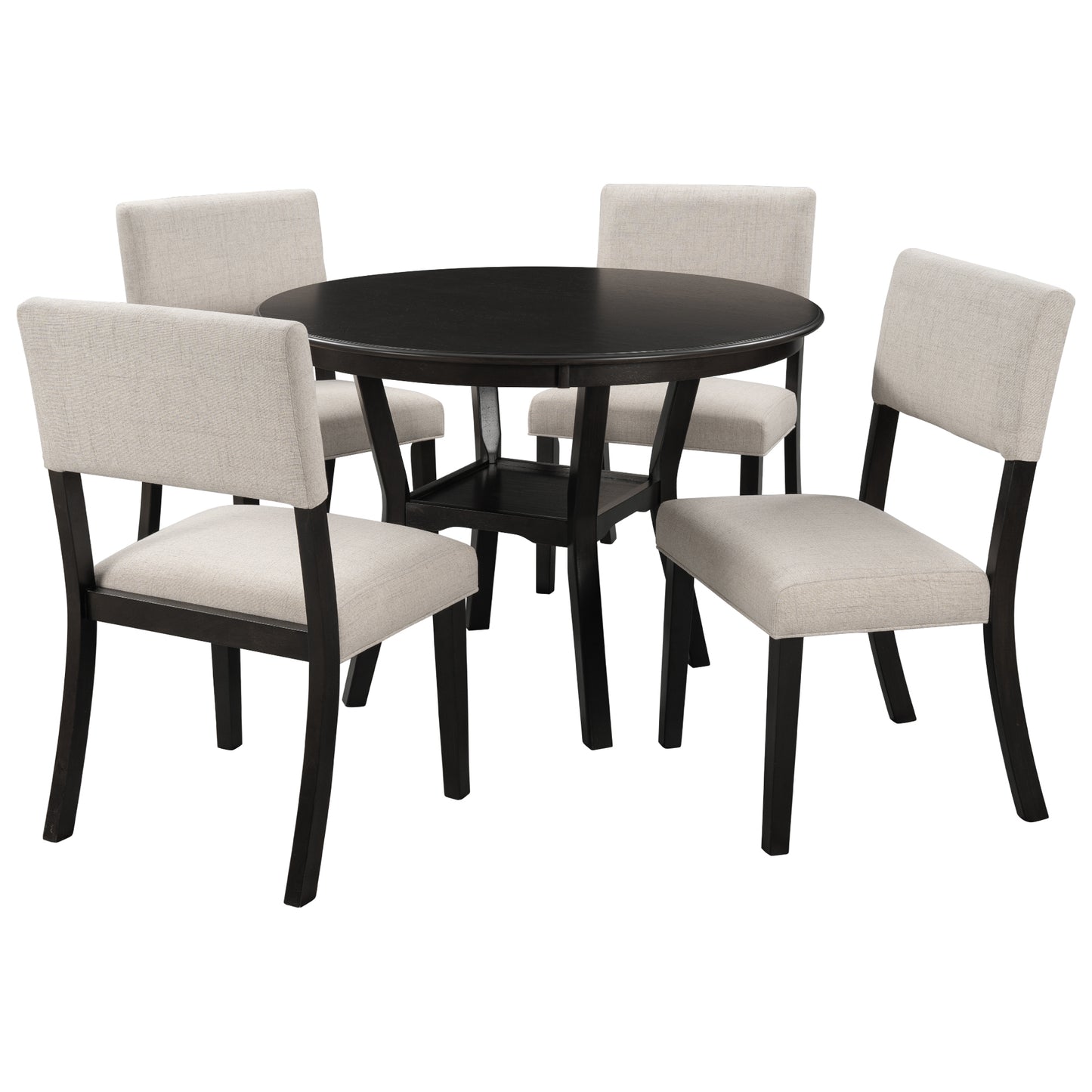 TREXM 5-Piece Kitchen Dining Table Set Round Table with Bottom Shelf, 4 Upholstered Chairs for Dining Room（Espresso）