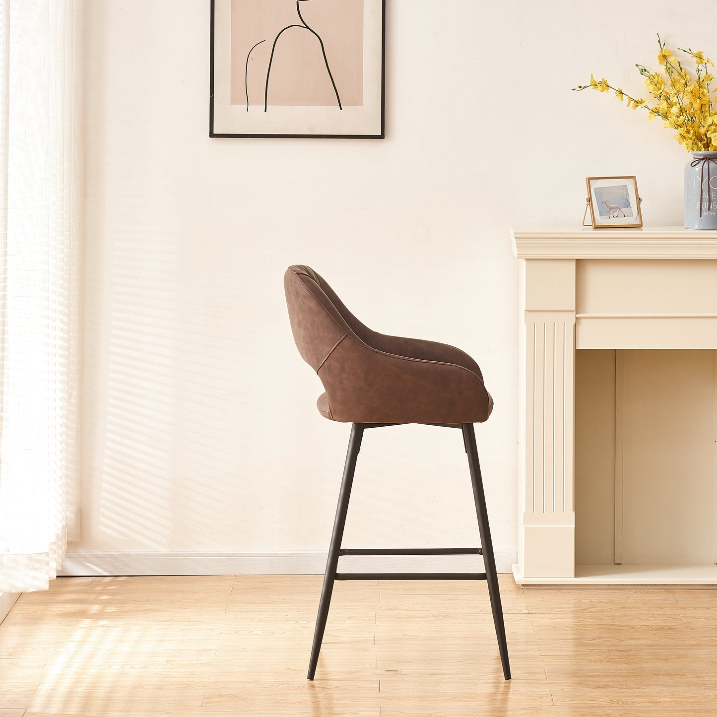 Bar Stools Set of 2 Leather Brown Breakfast Dining Bar Stools Fixed Height Bar Chairs with Metal Frame and Footrest for Breakfast Bar, Counter, Kitchen and Home