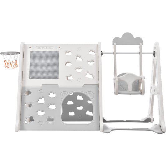 6-in-1 Toddler Climber and Swing Set Kids Playground Climber Swing Playset with Tunnel, Climber, Whiteboard,Toy Building Block Baseplates, Basketball Hoop Combination for Babies