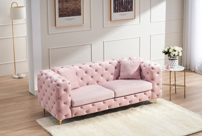 New design comfortable pink loveseat with two throw pillows in the same color