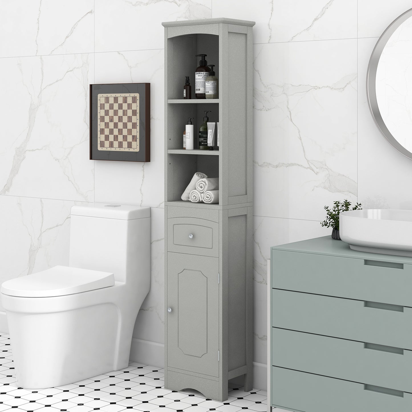 Tall Bathroom Cabinet, Freestanding Storage Cabinet with Drawer, MDF Board, Adjustable Shelf, Grey