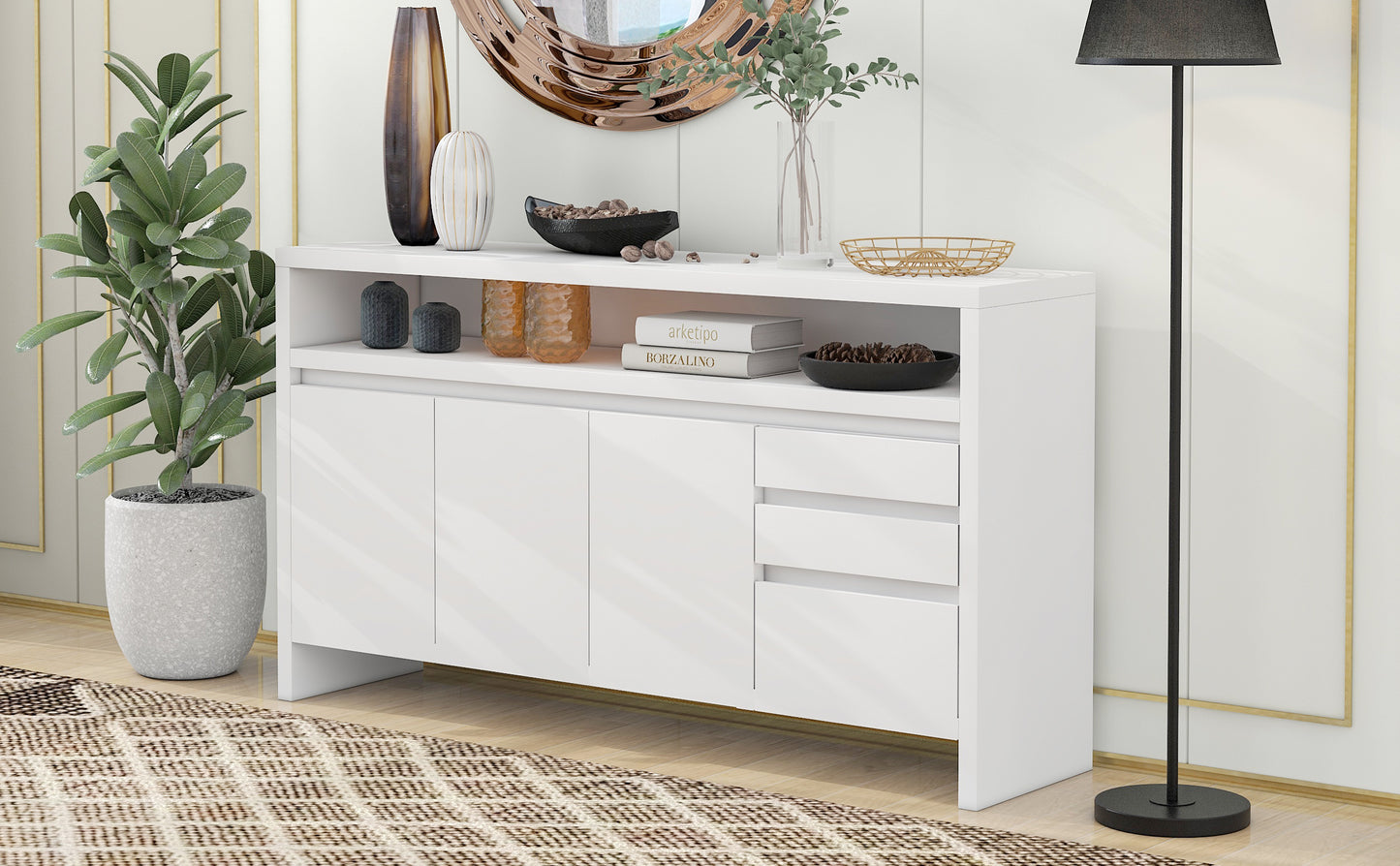 TREXM Comtemporary Sideboard MDF Storage Cabinet with Double-Storey Tabletop, Two Cabinets and Three Drawers for Dining Room, Kitchen, Living Room (White)