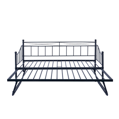 Twin Size Metal Daybed with Twin Size Adjustable Trundle, Portable Folding Trundle, Black