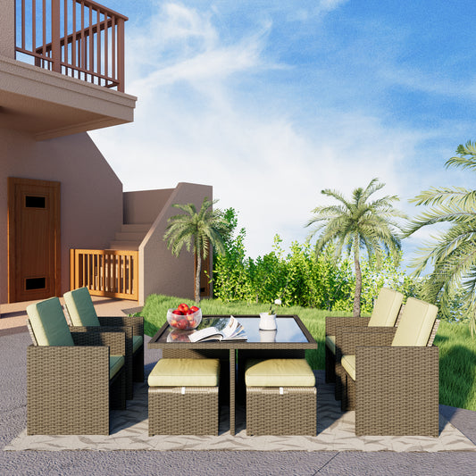 9 all-weather PE rattan terrace outdoor dining dialogue combination, with coffee table, chair, foot mat storage, detachable cushion (brown rattan, beige cushion)