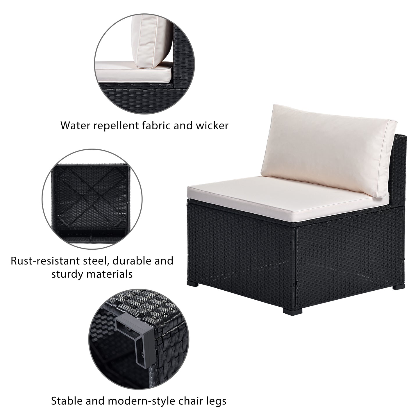 GO 6-Piece Outdoor Furniture Set with PE Rattan Wicker, Patio Garden Sectional Sofa Chair, removable cushions (Black wicker, Beige cushion)