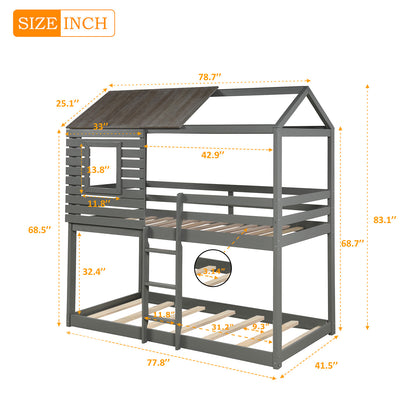 Twin Over Twin Bunk Bed Wood Loft Bed with Roof, Window, Guardrail, Ladder (Gray)(OLD SKU: LP000088AAN)