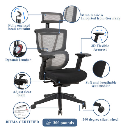 Big and tall Excusive Ergo Office Chair with double backs and slide seats, Headrest and 3d armrest ,tilt function max degree is 128 °, 300LBS, Black