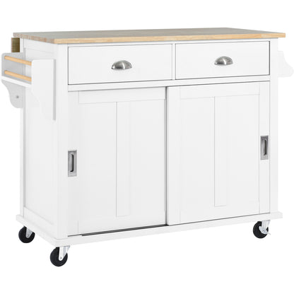 K&K Kitchen Cart with Rubber wood Drop-Leaf Countertop, Concealed sliding barn door adjustable height,Kitchen Island on 4 Wheels with Storage Cabinet and 2 Drawers,L52.2xW30.5xH36.6 inch, White