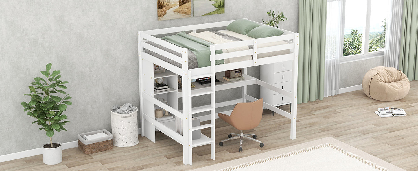 Full Size Loft Bed with Multifunction Shelves and Under-bed Desk, White