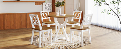 TOPMAX  Mid-Century 5-Piece Round Dining Table Set with Trestle Legs and 4 Cross Back Dining Chairs, Antique Oak+White