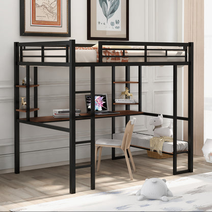 Full Size Loft Metal&MDF Bed with Long Desk and Shelves,Black