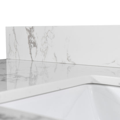 Montary 43‘’x22" bathroom stone vanity top  engineered stone carrara white marble color with rectangle undermount ceramic sink and  single faucet hole with back splash .