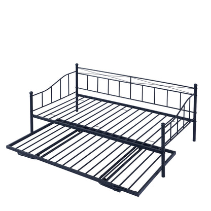 Twin Size Metal Daybed with Twin Size Adjustable Trundle, Portable Folding Trundle, Black