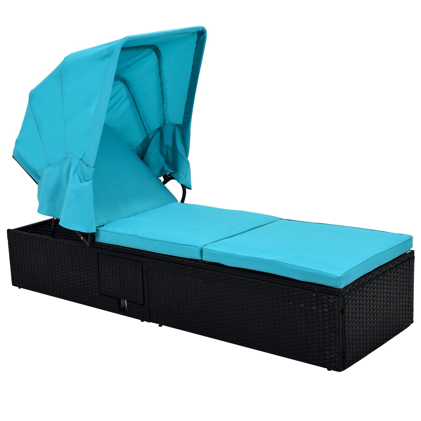 TOPMAX 76.8" Long Reclining Single Chaise Lounge with Cushions,Canopy and Cup Table, Black Wicker+Blue Cushion