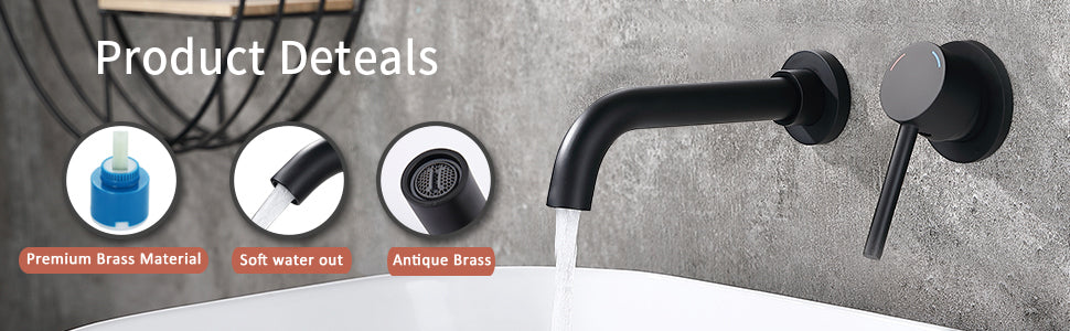 Wall Mount Faucet for Bathroom Sink or Bathtub, Single Handle 2 Holes Brass Rough-in Valve Included, Matte Black