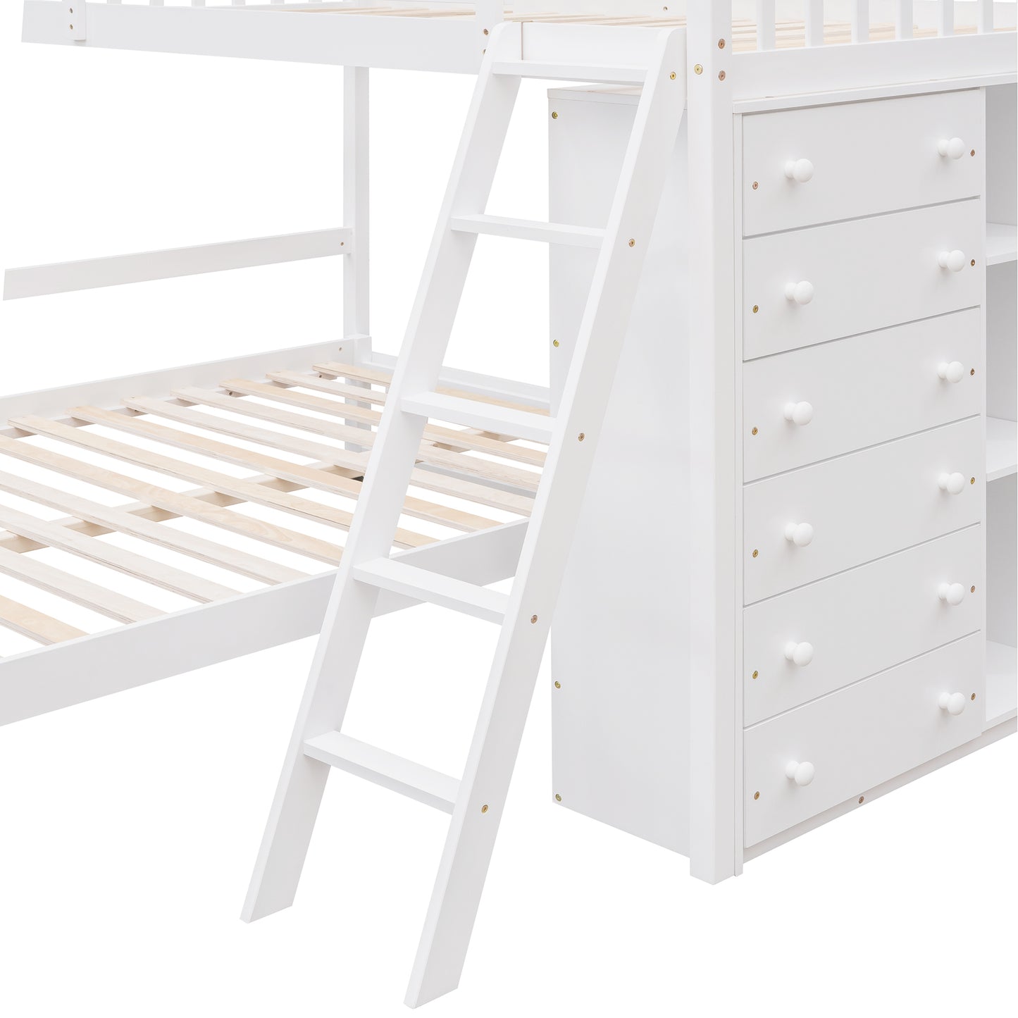 Wooden Twin Over Full Bunk Bed With Six Drawers And Flexible Shelves,Bottom Bed With Wheels,White(OLD SKU:LP000531AAK)