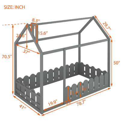 （Slats are not included) Twin Size Wood Bed House Bed Frame with Fence, for Kids, Teens, Girls, Boys (Gray )(OLD SKU :WF194274AAE)