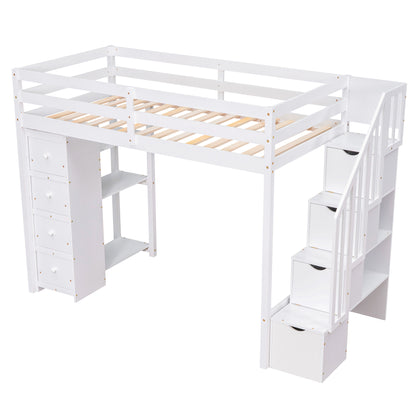 Twin size Loft Bed with Storage Drawers and Stairs, Wooden Loft Bed with Shelves - White