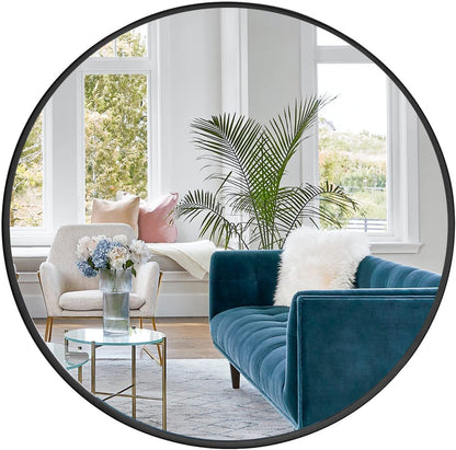 Round Mirror, Circle Mirror 24 Inch, Black Round Wall Mirror Suitable for Bedroom, Living Room, Bathroom, Entryway Wall Decor and More, Brushed Aluminum Frame Large Circle Mirrors for Wall