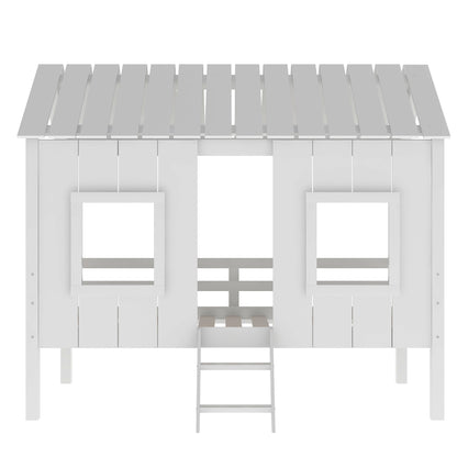 Twin Size Low Loft House Bed with Roof and Two Front Windows,White(OLD SKU:SM000703AAK)