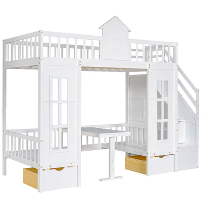 Twin-Over-Twin Bunk Bed with Changeable Table , Bunk Bed  Turn into Upper Bed and Down Desk with 2 Drawers - White