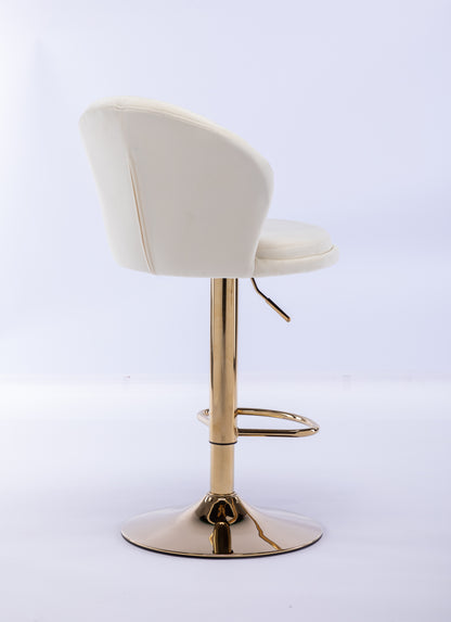 Set of 2  Bar Stools,with Chrome Footrest and Base Swivel Height Adjustable Mechanical Lifting Velvet + Golden Leg Simple Bar Stool-Cream