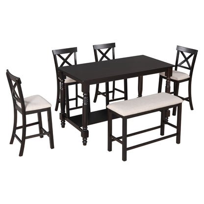 TREXM 6-Piece Counter Height Dining Table Set Table with Shelf 4 Chairs and Bench for Dining Room (Espresso)