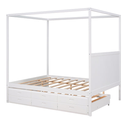 Queen Size Canopy Platform Bed with Twin Size Trundle and Three Storage Drawers,White