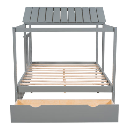 Full Size House Bed with Roof, Window and Drawer - Gray