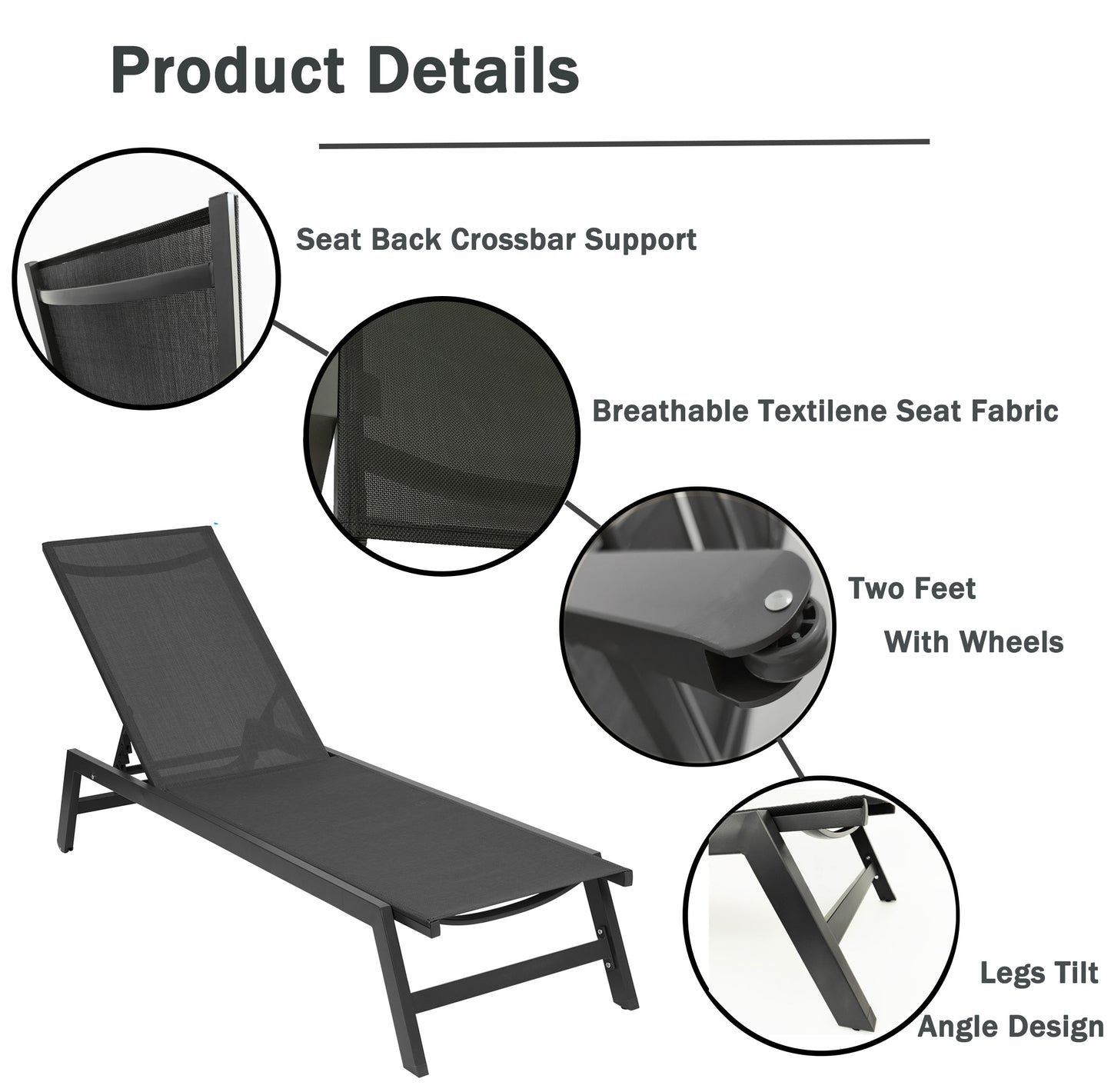 Outdoor Chaise Lounge Chair,Five-Position Adjustable Aluminum Recliner,All Weather For Patio,Beach,Yard, Pool(Grey Frame/Black Fabric)