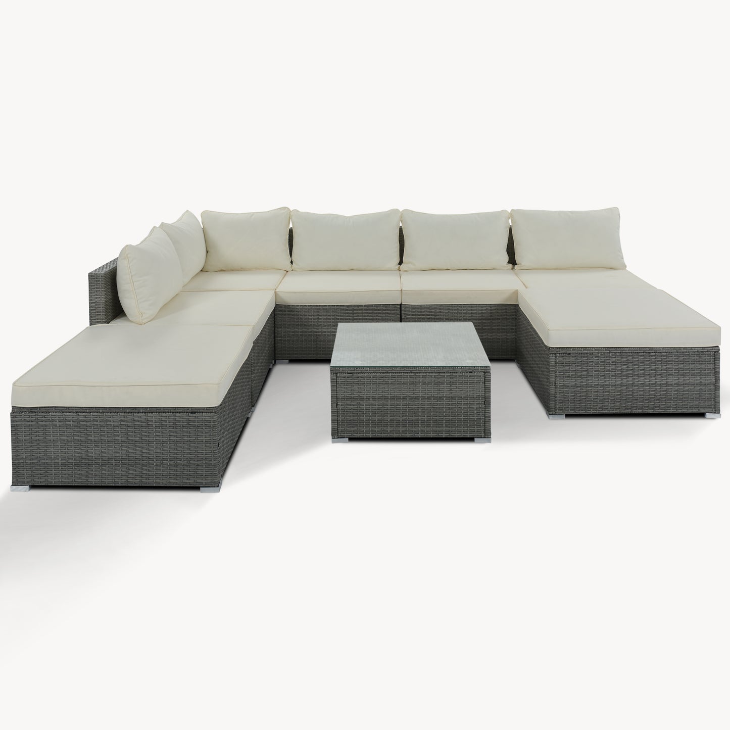 8-Pieces Outdoor Patio Furniture Sets, Garden Conversation Wicker Sofa Set, Single Sofa Combinable, Beige Cushions Gray Wicker