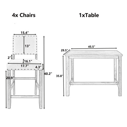 TOPMAX 5 Piece Rustic Wooden Counter Height Dining Table Set with 4 Upholstered Chairs for Small Places, Espresso+ Beige