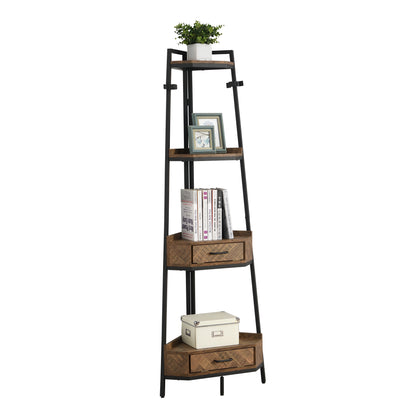 Corner Shelf with Two Drawers 72.64\'\' Tall, 4-tier Industrial Bookcase, Black