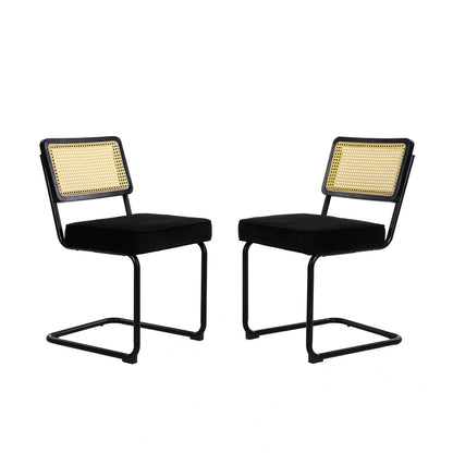 Dining Chairs 2pcs, Velvet Side Chairs Rattan Chairs with Cane Back & Stainless Chrome Base, Modern Mid Century Breuer Designed Chairs, Upholstered Dining Living Room Kitchen Chairs, Black