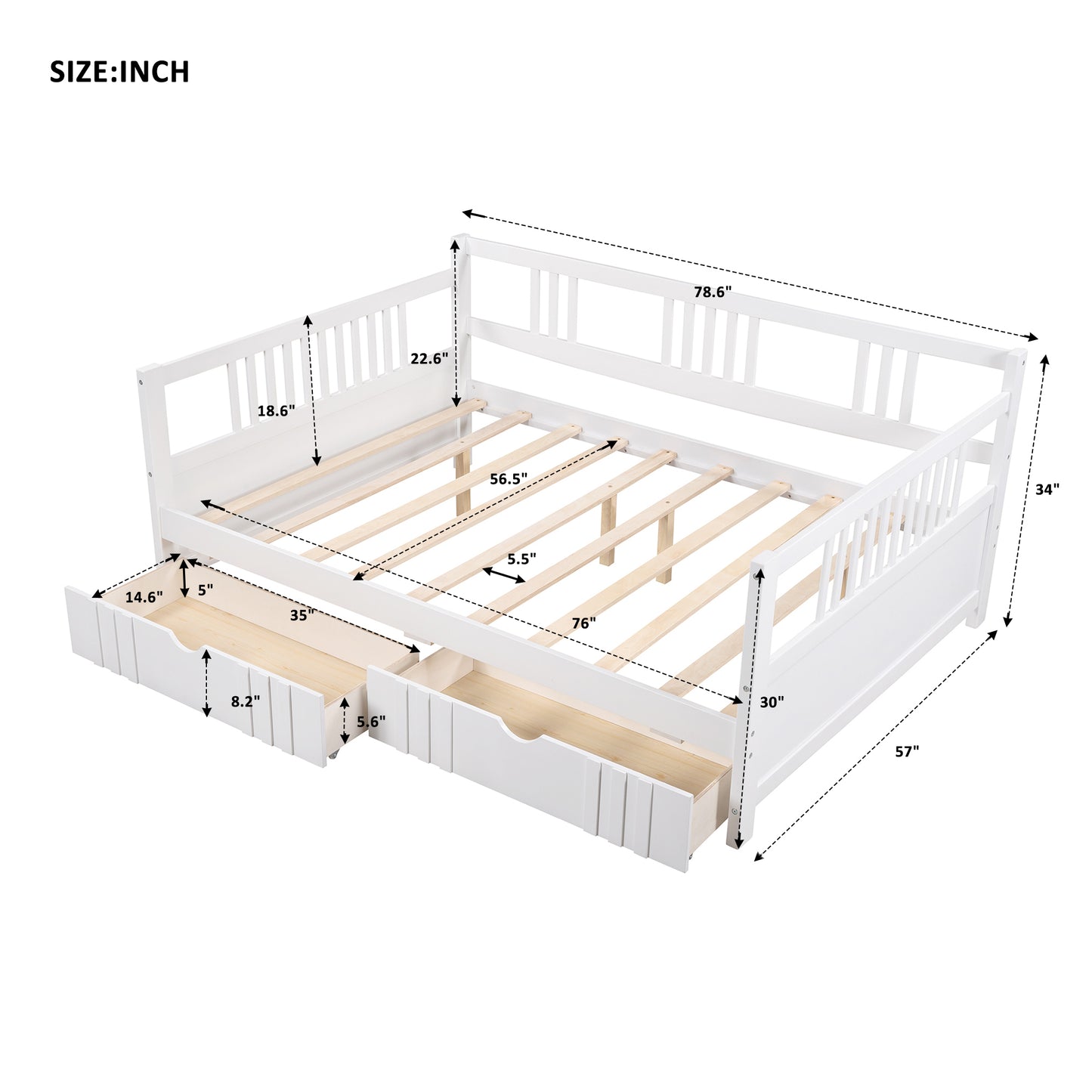 Full Size Daybed Wood Bed with Two Drawers,White