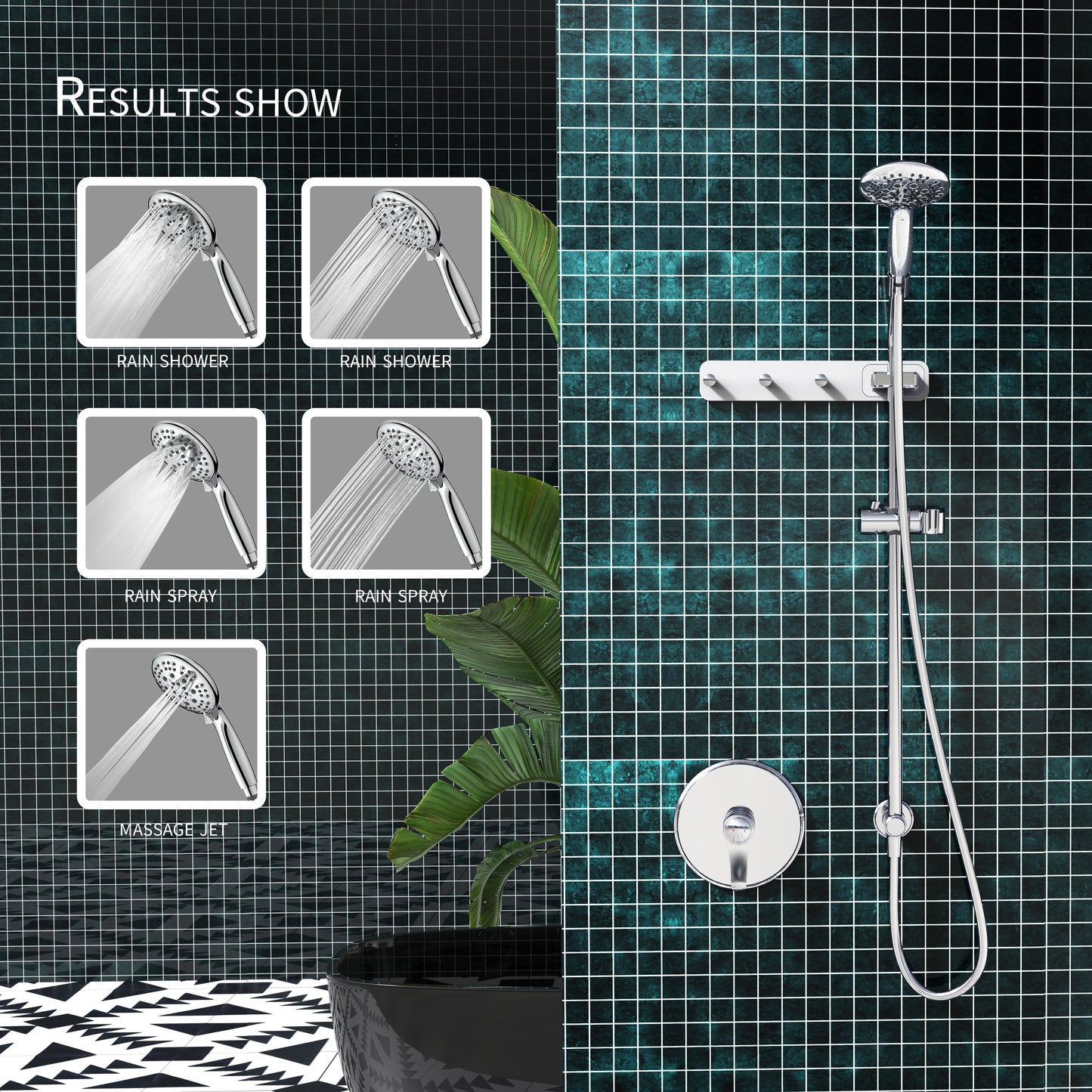 Large Amount of water Multi Function Shower Head - Shower System with 4." Rain Showerhead, 6-Function Hand Shower, Simple Style,With Storage Hook, Chrome