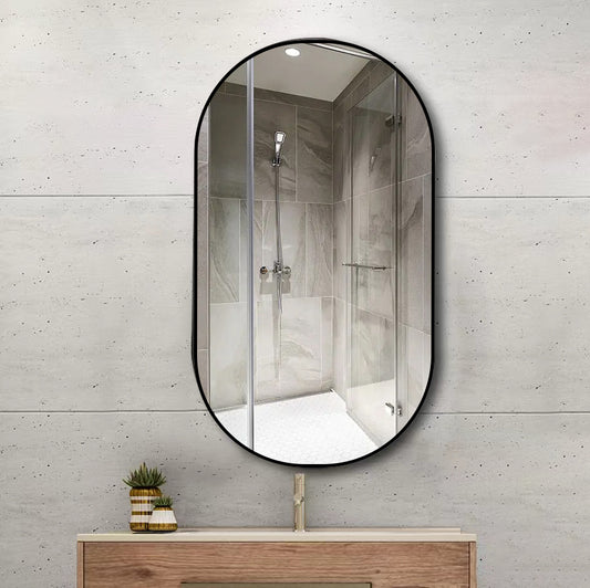 Wall Mounted Mirror, 36’’x18’’ Oval Bathroom Mirror, Black Vanity Wall Mirror w/ Stainless Steel Metal Frame & Pre-Set Hooks for Vertical & Horizontal Hang, Ideal for Bedroom, Bathroom